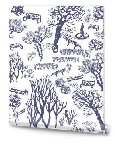 White winter snowy park scenery with trees, benches seamless pattern.