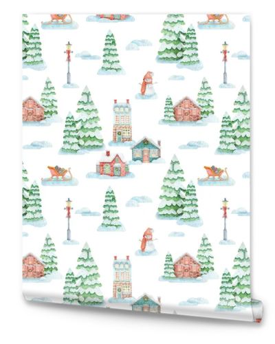 Hand-drawn watercolor seamless pattern with snowy Christmas village. Background with houses, Christmas trees, snowman, snowdrifts, sleighs for a festive mood, design, fabrics and packaging.