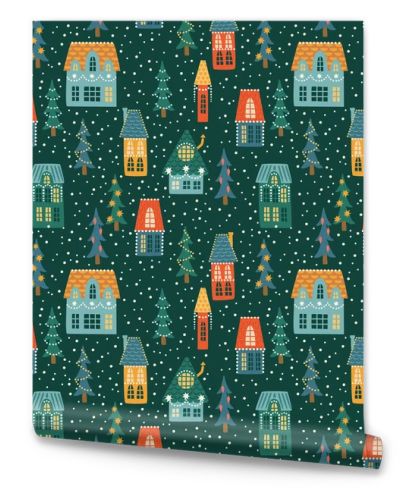 Christmas and Happy New Year seamless pattern. City, houses, Christmas trees, snow.