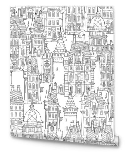 Seamless pattern of fantasy landscape. Fairy tale castle, old medieval town, park trees. Hand drawn sketch, house and tower silhouette. Coloring book page for adults. Black and white doodle