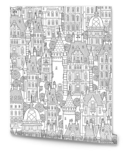 Seamless pattern of fantasy landscape. Fairy tale castle, old medieval town, park trees. Hand drawn sketch, house and tower silhouette. Coloring book page for adults. Black and white doodle