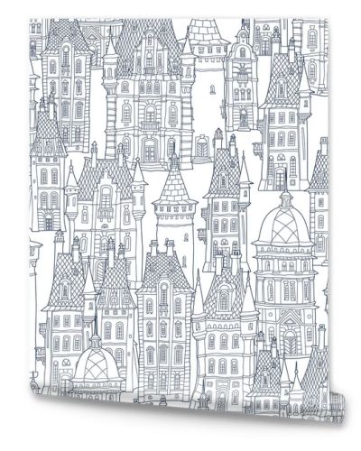 Seamless pattern of fantasy landscape. Fairy tale castle, old medieval town, park trees. Hand drawn sketch, house and tower silhouette. Coloring book page for adults. Black and white doodle