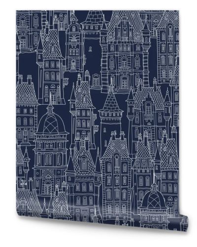 Seamless pattern of fantasy landscape. Fairy tale castle, old medieval town, park trees. Hand drawn sketch, house and tower silhouette. White doodle contour lines on a dark blue background