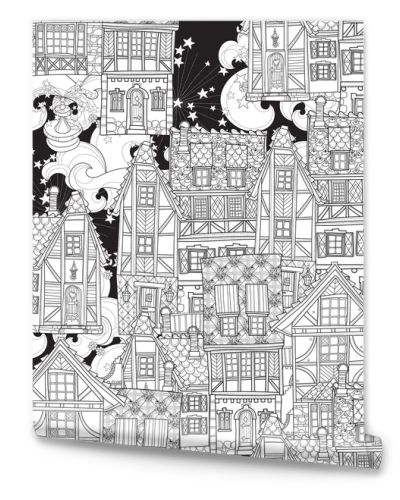 Seamless pattern cute fairy tale town doodle