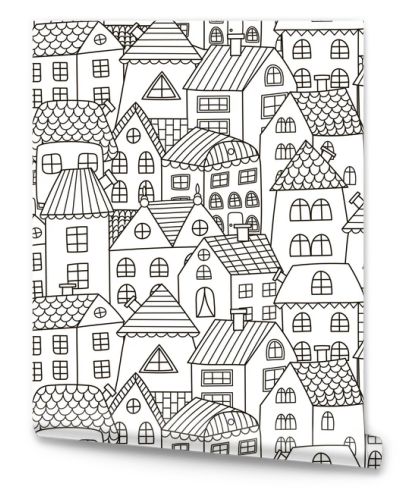 Doodle houses seamless pattern. Black and white city background