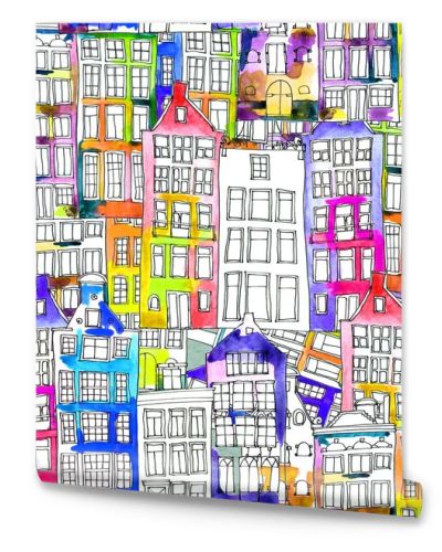 Seamless pattern eith watercolor Amsterdam houses