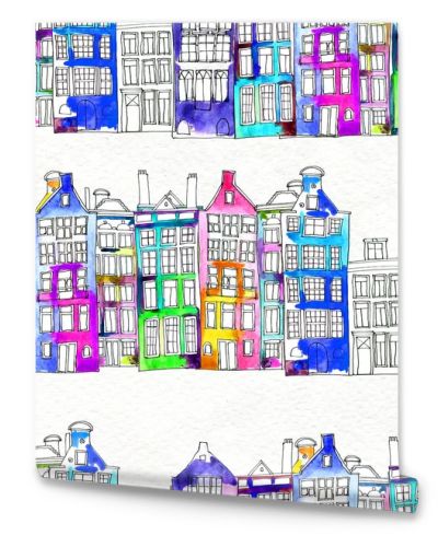 Seamless pattern eith watercolor Amsterdam houses