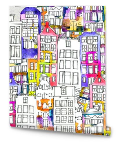 Seamless pattern eith watercolor Amsterdam houses