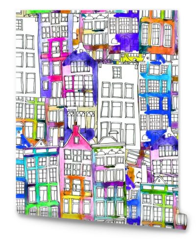 Seamless pattern eith watercolor Amsterdam houses