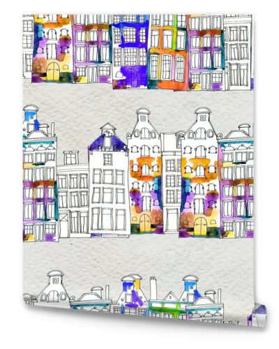 Seamless pattern eith watercolor Amsterdam houses