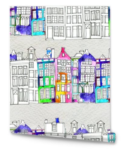 Seamless pattern eith watercolor Amsterdam houses