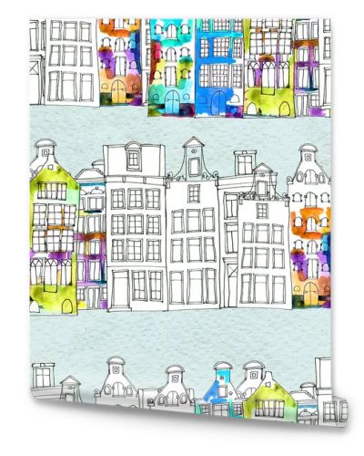 Seamless pattern eith watercolor Amsterdam houses