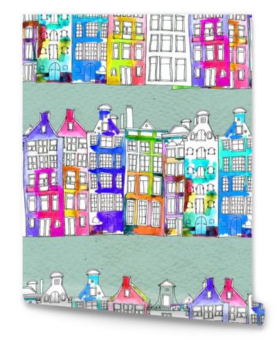 Seamless pattern eith watercolor Amsterdam houses