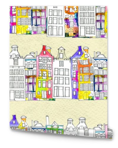 Seamless pattern eith watercolor Amsterdam houses