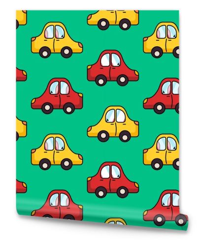 cartoon cars seamless pattern. red and yellow cars on a green background. for paper, cover, fabric, interior decor and other users