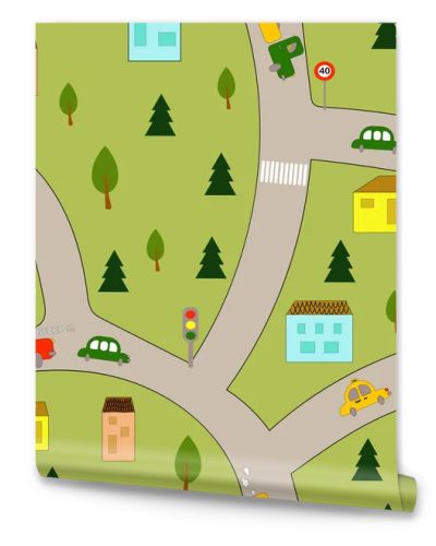 Seamless pattern: city map with cars, road, houses and trees. flat vector. illustration