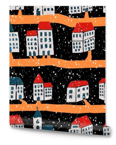 Hand drawn snowy street with cute houses and buildings. 