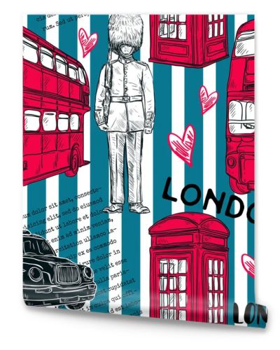 Seamless pattern with London landmark symbols on striped background. Vintage hand drawn vector illustration in sketch style.