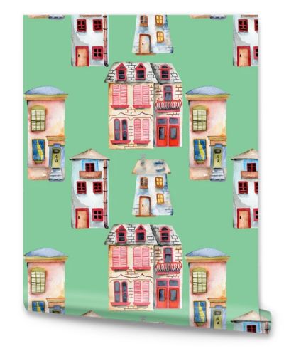 Seamless pattern with watercolor english houses