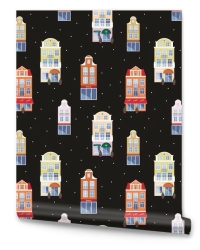 Full color seamless pattern with the image of the houses of the old town. Vector background.