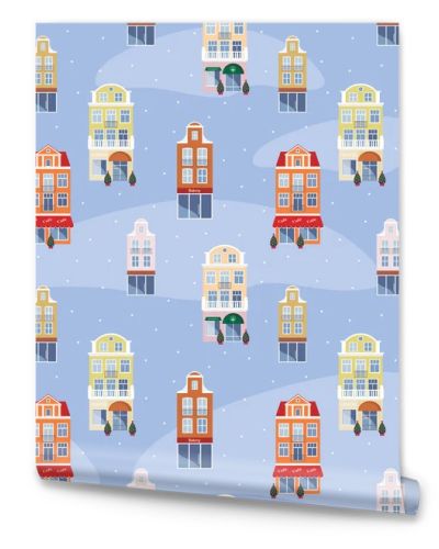 Full color seamless pattern with the image of the houses of the old town. Vector background.