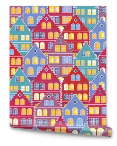 Full color seamless pattern with the image of the houses of the old town. Vector background.