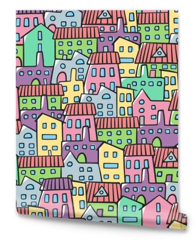 House seamless pattern. Doodle vector pattern with different houses. Village texture cartoon style illustration. Fun colorful houses. Vector texture for textile, wrapping, fabric and other surfaces.