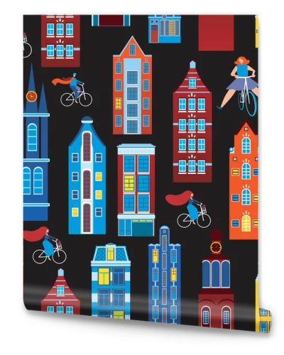 Seamless pattern with cute Amsterdam houses and cyclists on a black background. Flat vector stock illustration with European city, houses and young people on bicycles as background or pattern