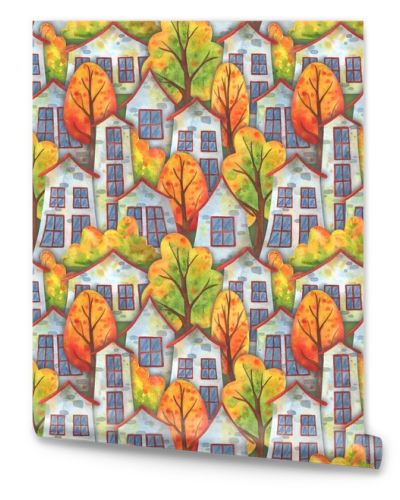 Autumn town. Seamless watercolor pattern with houses and falling trees. Stock print for fabric, textile, paper and any design. Background with children's illustrations in green, orange and gray colors