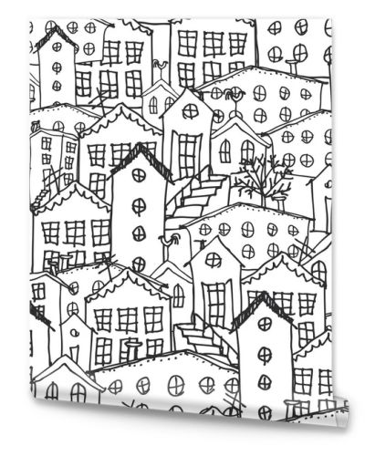 Urban winter landscape seamless pattern. Sketch. black and white hand-drawn background for wallpaper, pattern fills, web page background,surface textures. Adult Coloring. Vector illustration