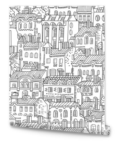 Vector hand drawn linear houses seamless pattern.