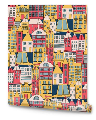 Vector illustration of a city building in the form of a color seamless pattern. Houses of different shapes. Urban background pattern.