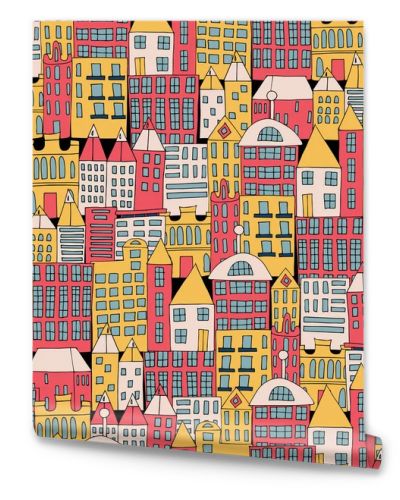 Vector illustration of a city building in the form of a color seamless pattern. Houses of different shapes. Urban background pattern.