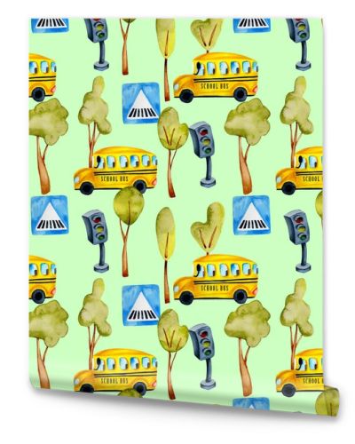 Watercolor school buses, traffic lights and trees seamless pattern