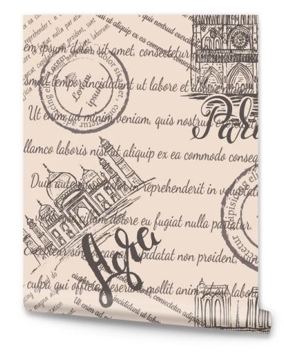 Faded text, stamps, Notre-Dame Cathedral and the Taj Mahal with lettering Paris and Agra, seamless pattern on beige background