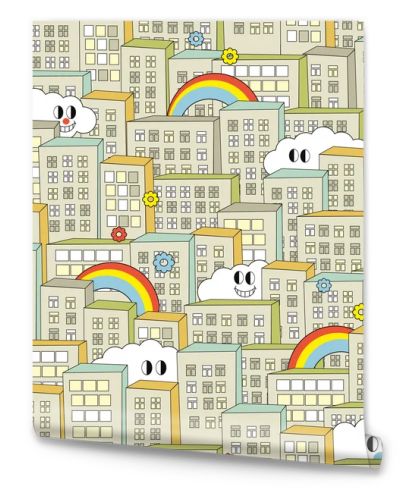 Rainbow in the city seamless pattern.