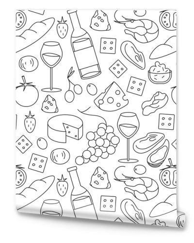 Seamless pattern of red wine and snacks outline. Bottle of red wine, olives, camembert, cheese, strawberry, grape, oyster, shrimp, crackers, baguette, tomato, prosciutto
