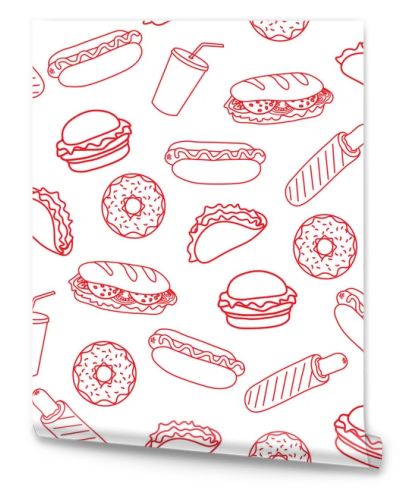 Trendy vector Fast Food pattern for cafe. Set of Fast Food Items and Symbols. Line Art illustration of food for banner, flyer or menu.