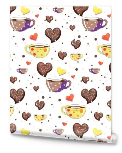 Colorful seamless coffee pattern on white background. Hot vector design for background, wallpaper, print. Colored coffee cups with chocolates and decorative hearts with coffee-colored dots.