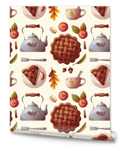 Seamless pattern with kettle, cup and Apple Pie. Cozy home, drink, food, breakfast, thanksgiving day, cooking concept. Vector illustration. Perfect for product design, wallpaper, scrapbooking.
