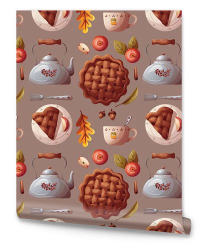 Seamless pattern with kettle, cup and Apple Pie. Cozy home, drink, food, breakfast, thanksgiving day, cooking concept. Vector illustration. Perfect for product design, wallpaper, scrapbooking.