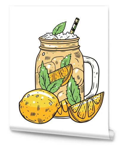 Colorful Lemonade or Lemon cocktail in jar. Hand draw sketch vector illustration.