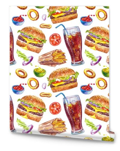 Pattern with hamburgers, fries, onion rings and cola on a white background. Fast food background for menus, wallpapers, textiles and other designs, watercolor illustration.