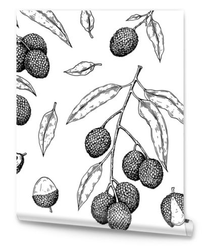 Hand drawn seamless pattern with lychee fruits, branches and leaves. Vector illustration in botanical sketch style