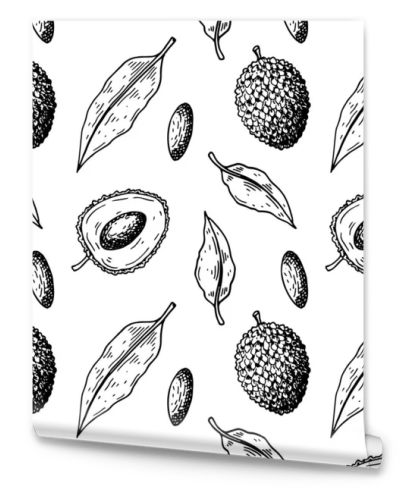 Hand drawn seamless pattern with lychee fruits and leaves. Vector illustration in botanical sketch style