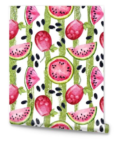 Juicy watermelon for a summer drink and healthy food. Seamless pattern. Watercolor illustration for design of notepad, cover, wallpaper, packaging, wrapper, print, background, template