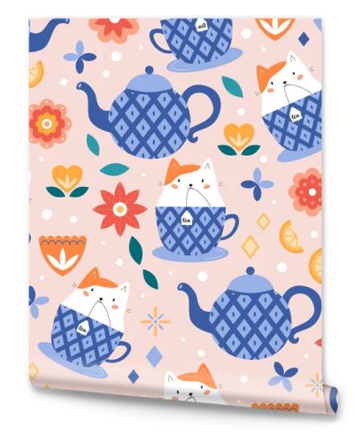 Seamless pattern with cute kawaii cat in cup. Tea time. Abstract flowers. Cartoon character. Vector illustration.