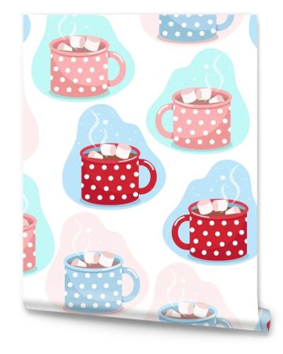 Cocoa mug seamless pattern, mugs of different colors in white polka dots with cocoa and marshmallows, vector print in flat style