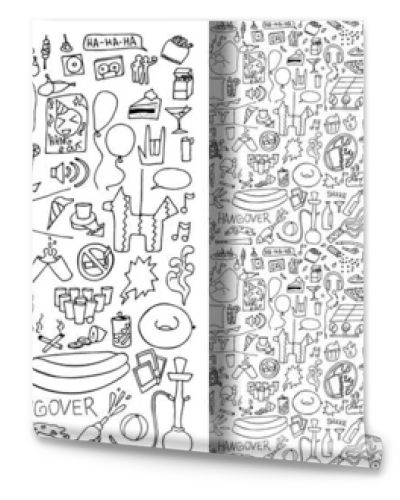 Adult Party hand drawn doodle set and seamless pattern