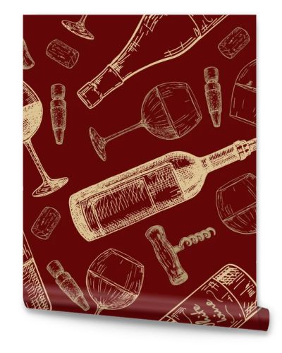 wine pattern, sketches, hand drawn seamless pattern. bottle, glass, corkscrew
